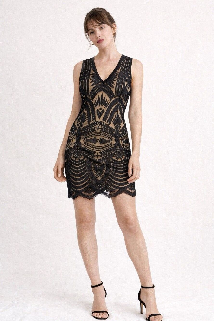 Bardot Black Nude Art Deco Embroidered Dress Sheer Mesh Cocktail Mini US 4